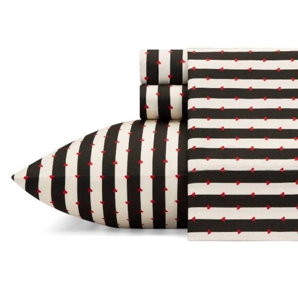 Betsey Johnson Black Ivory Wonderland Striped Heart Twin Size Bed Sheet Set NWT
